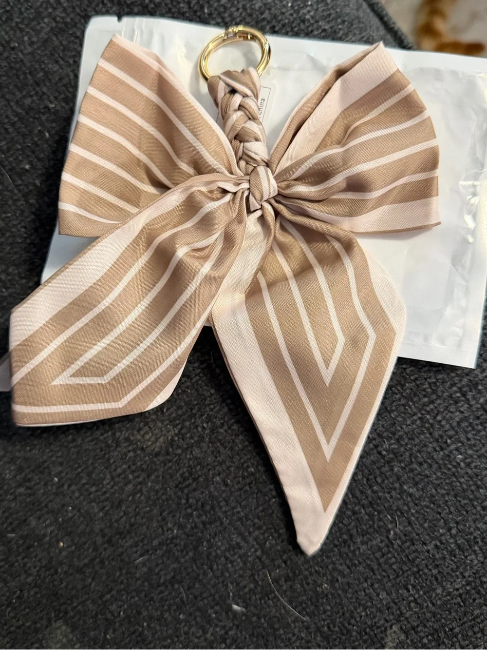 Striped Bow Keychain Charm - Taupe